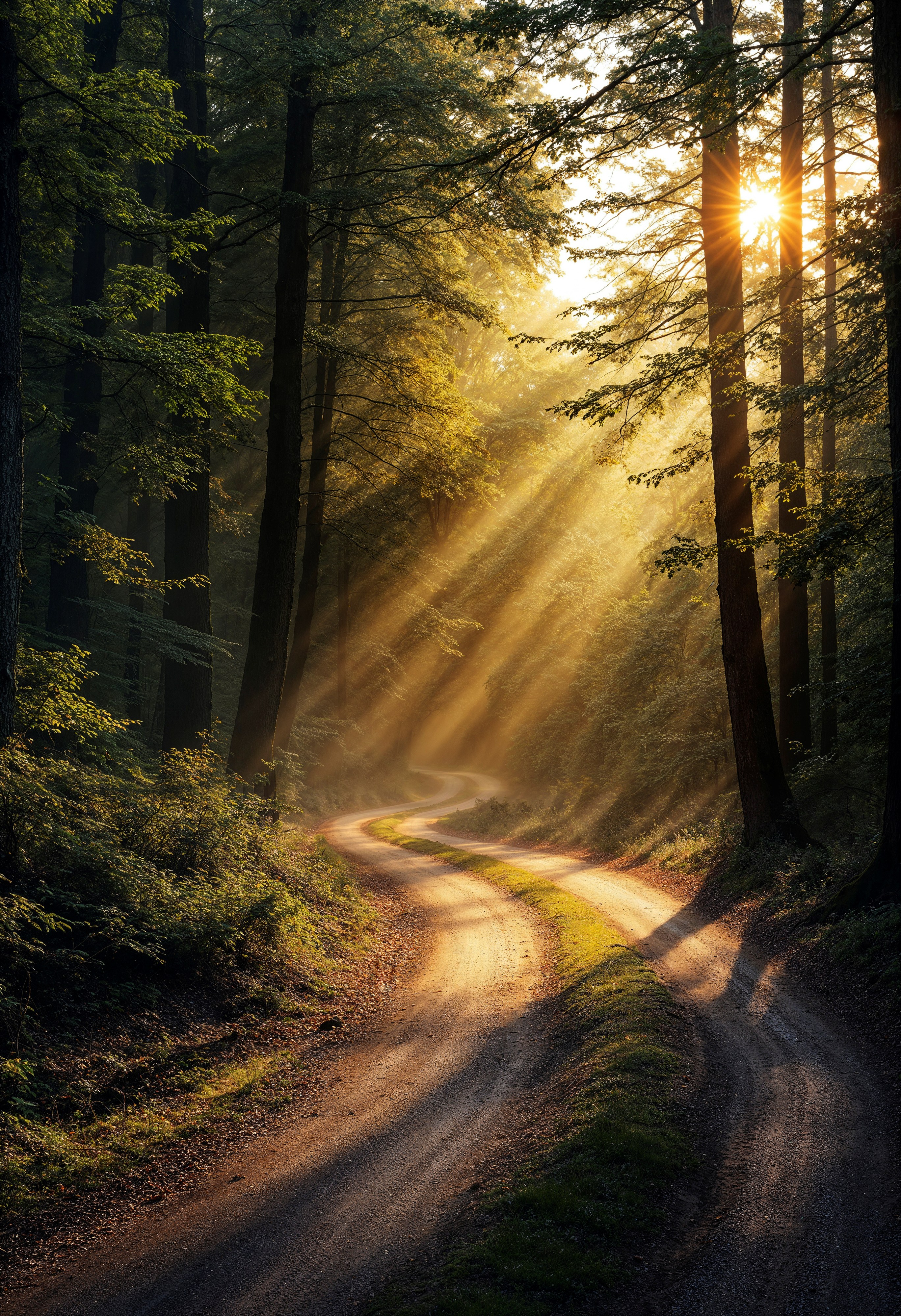 A winding forest path is illuminated by golden sunlight streaming through tall trees, creating a serene and enchanting atmosphere.